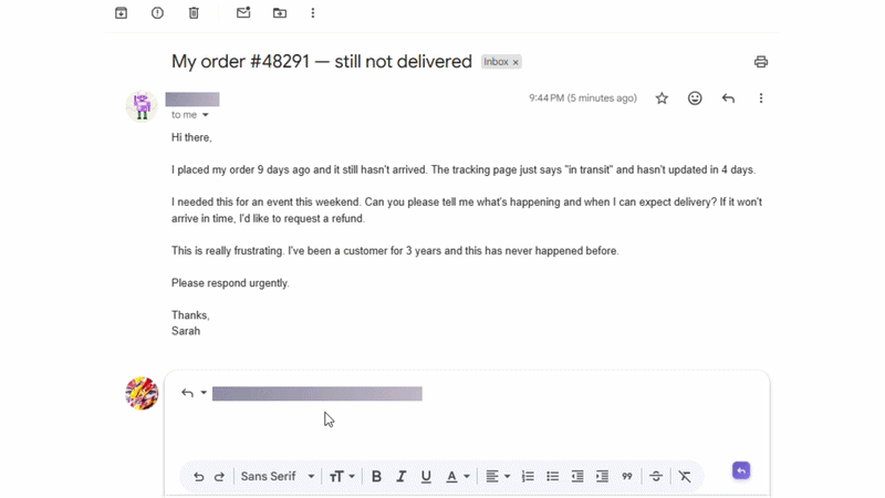NxtReply in action — AI reply suggestions appearing in a textbox